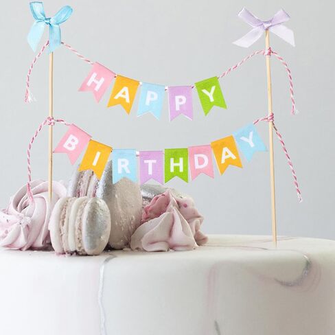 11 Pcs Happy Birthday Cake Topper Banner Bow Ribbon Cake Topper Happy Birthday Cakes Bunting Toppers with Wood Pole Handmade Pennant Flags with Bow Ribbon for Donut Cakes Cupcakes in Kuwait