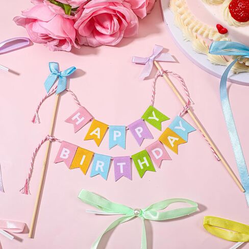 11 Pcs Happy Birthday Cake Topper Banner Bow Ribbon Cake Topper Happy Birthday Cakes Bunting Toppers with Wood Pole Handmade Pennant Flags with Bow Ribbon for Donut Cakes Cupcakes in Kuwait