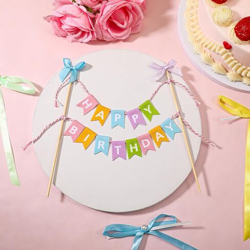 11 Pcs Happy Birthday Cake Topper Banner Bow Ribbon Cake Topper Happy Birthday Cakes Bunting Toppers with Wood Pole Handmade Pennant Flags with Bow Ribbon for Donut Cakes Cupcakes in Kuwait