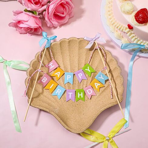 11 Pcs Happy Birthday Cake Topper Banner Bow Ribbon Cake Topper Happy Birthday Cakes Bunting Toppers with Wood Pole Handmade Pennant Flags with Bow Ribbon for Donut Cakes Cupcakes in Kuwait