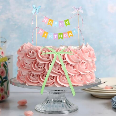 11 Pcs Happy Birthday Cake Topper Banner Bow Ribbon Cake Topper Happy Birthday Cakes Bunting Toppers with Wood Pole Handmade Pennant Flags with Bow Ribbon for Donut Cakes Cupcakes in Kuwait