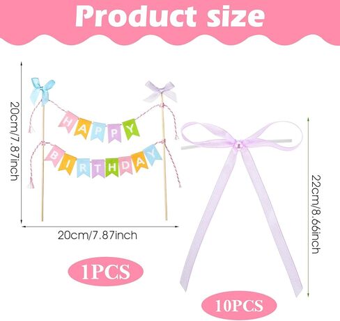 11 Pcs Happy Birthday Cake Topper Banner Bow Ribbon Cake Topper Happy Birthday Cakes Bunting Toppers with Wood Pole Handmade Pennant Flags with Bow Ribbon for Donut Cakes Cupcakes in Kuwait