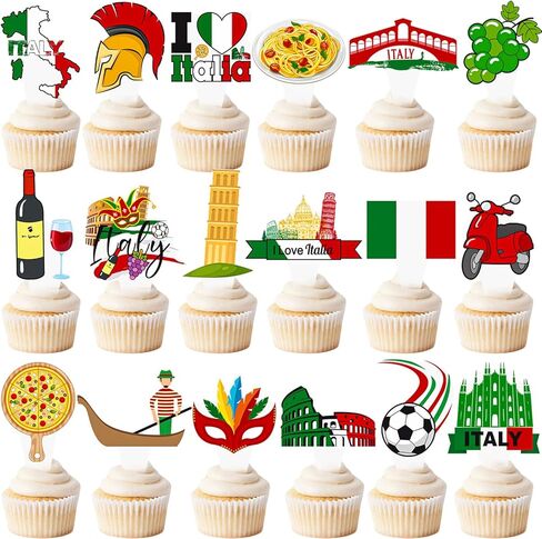 Italy Party Decorations Italian Theme Cupcake Toppers 48PCS I Love Italy Birthday Party Decorations Pizza The Leaning Tower of Pisa Cupcake Picks for Republic Day Supplies Italian Country Favor in Kuwait