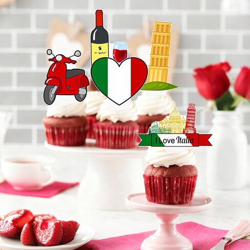 Italy Party Decorations Italian Theme Cupcake Toppers 48PCS I Love Italy Birthday Party Decorations Pizza The Leaning Tower of Pisa Cupcake Picks for Republic Day Supplies Italian Country Favor in Kuwait