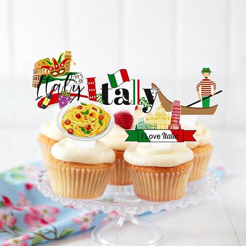 Italy Party Decorations Italian Theme Cupcake Toppers 48PCS I Love Italy Birthday Party Decorations Pizza The Leaning Tower of Pisa Cupcake Picks for Republic Day Supplies Italian Country Favor in Kuwait