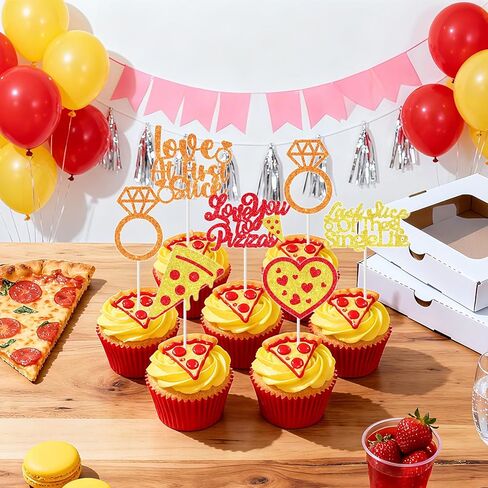 36 Pcs Pizza Bridal Shower Cupcake Toppers Last Slice of The Single Life Fast Food Themed Cupcake Picks Love at First Slice Glitter Italian Theme Cake Decorations for Women Bachelorette Party Supplies in Saudi Arabia