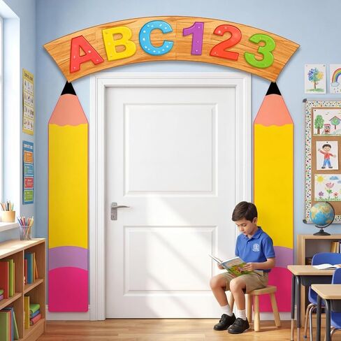 Frienda 3 Pcs Preschool Graduation Door Cover Banner Pencil Shape Classroom Decoration Ruler Hanging Porch Sign Photo Background Welcome Preschool Kindergarten for Classroom Elementary Wall Room Decor in Kuwait