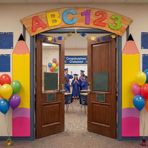 Frienda 3 Pcs Preschool Graduation Door Cover Banner Pencil Shape Classroom Decoration Ruler Hanging Porch Sign Photo Background Welcome Preschool Kindergarten for Classroom Elementary Wall Room Decor in Kuwait