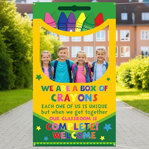 Back to School Crayon Box Photo Booth Decoration Frame Giant First Day of School Crayons Box Photo Backdrop Crayons Hanging Banner Backdrop for Teachers Classroom Supplies in Saudi Arabia