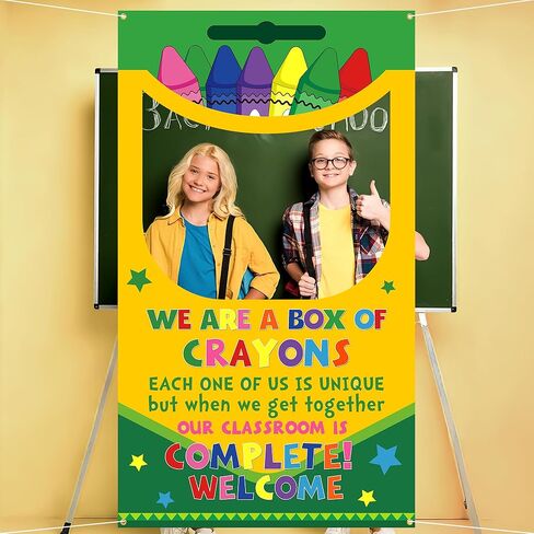 Back to School Crayon Box Photo Booth Decoration Frame Giant First Day of School Crayons Box Photo Backdrop Crayons Hanging Banner Backdrop for Teachers Classroom Supplies in Saudi Arabia