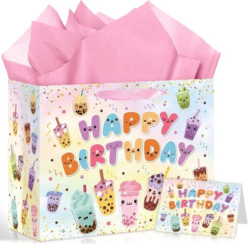 Yomaiha Bubble Tea Gift Bag Party Decorations Colorful Boba Tea Happy Birthday Gift Bag Party Favors with Bubble Wrapping Paper and Card for Kids Girls Baby Shower Birthday Party Decorations Supplies in Kuwait