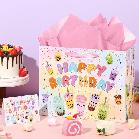 Yomaiha Bubble Tea Gift Bag Party Decorations Colorful Boba Tea Happy Birthday Gift Bag Party Favors with Bubble Wrapping Paper and Card for Kids Girls Baby Shower Birthday Party Decorations Supplies in Kuwait