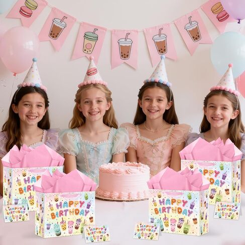 Yomaiha Bubble Tea Gift Bag Party Decorations Colorful Boba Tea Happy Birthday Gift Bag Party Favors with Bubble Wrapping Paper and Card for Kids Girls Baby Shower Birthday Party Decorations Supplies in Kuwait