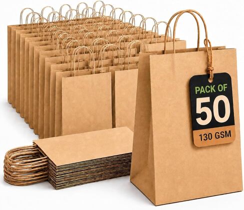 HURUC Large 130 GSM Brown Paper Bags with Handles 12.2x 9.84 x4.7 Inch, 50 PCS Kraft Gift Bags Bulk for Retail, Shopping, Birthday, Wedding, Easter, DIY & Merchandise in Kuwait