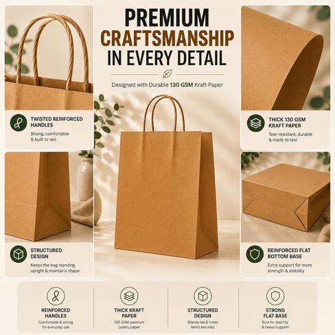 HURUC Large 130 GSM Brown Paper Bags with Handles 12.2x 9.84 x4.7 Inch, 50 PCS Kraft Gift Bags Bulk for Retail, Shopping, Birthday, Wedding, Easter, DIY & Merchandise in Kuwait