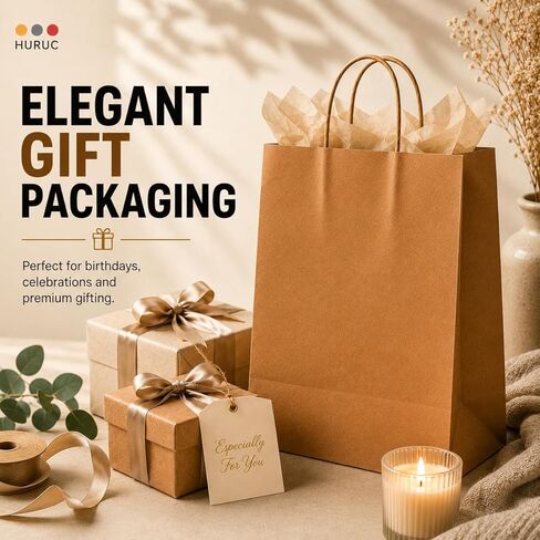 HURUC Large 130 GSM Brown Paper Bags with Handles 12.2x 9.84 x4.7 Inch, 50 PCS Kraft Gift Bags Bulk for Retail, Shopping, Birthday, Wedding, Easter, DIY & Merchandise in Kuwait