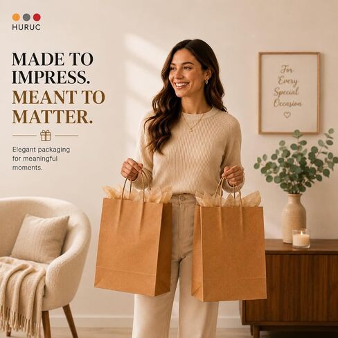 HURUC Large 130 GSM Brown Paper Bags with Handles 12.2x 9.84 x4.7 Inch, 50 PCS Kraft Gift Bags Bulk for Retail, Shopping, Birthday, Wedding, Easter, DIY & Merchandise in Kuwait