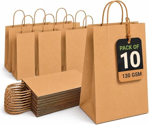 HURUC Large 130 GSM Brown Paper Bags with Handles 12.2x 9.84 x4.7 Inch, 50 PCS Kraft Gift Bags Bulk for Retail, Shopping, Birthday, Wedding, Easter, DIY & Merchandise in Kuwait