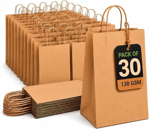 HURUC Large 130 GSM Brown Paper Bags with Handles 12.2x 9.84 x4.7 Inch, 50 PCS Kraft Gift Bags Bulk for Retail, Shopping, Birthday, Wedding, Easter, DIY & Merchandise in Kuwait
