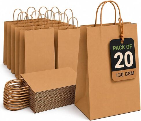 HURUC Large 130 GSM Brown Paper Bags with Handles 12.2x 9.84 x4.7 Inch, 50 PCS Kraft Gift Bags Bulk for Retail, Shopping, Birthday, Wedding, Easter, DIY & Merchandise in Kuwait