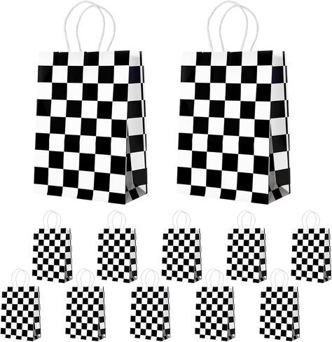 WATMTIN 12 Pcs Checkered Racing Treat Bags, Race Car Goodie Bags with Handles, Black and White Checkered Candy Gift Paper Bag for Birthday Party Games Event Decorations in Saudi Arabia