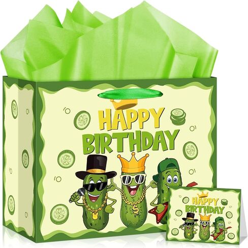 Happy Birthday Gift Bag for Girls, Cute Pink Green Pickle Theme Birthday Party Decorations, Large Pickle Gift Bag with Wrapping Paper and Greeting Card for Girl Women Birthday Party Supplies 11.8" in Saudi Arabia