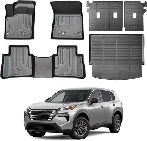 Car Floor Mats for 2021 2022 2023 2024 2025 2026 Nissan Rogue Gas All Weather TPE Full Set Floor Liners Cargo Mat with Backrest Heavy Duty Full Coverage Trunk Mats for Nissan Rogue Accessories in Saudi Arabia