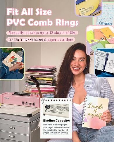 46-Hole Binding Machine Spiral Coil Binder Classic Pink,DIY Book Binder Kits with Electric Coil Inserter,100pcs Comb Binding Spines,for Letter Size/A4/A5 School Office Home in Saudi Arabia