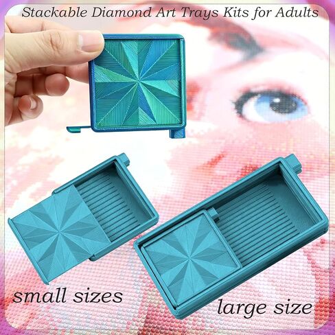 Diamond Art Trays with Lids and Stoppers, Stackable Diamond Painting Trays, 3 in 1 Diamond Bedazzling Tray with Tweezers, Brushes, Diamond Art Painting Bead Rhinestone Sorting Trays (Blue Green) in Saudi Arabia