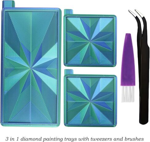 Diamond Art Trays with Lids and Stoppers, Stackable Diamond Painting Trays, 3 in 1 Diamond Bedazzling Tray with Tweezers, Brushes, Diamond Art Painting Bead Rhinestone Sorting Trays (Blue Green) in Saudi Arabia
