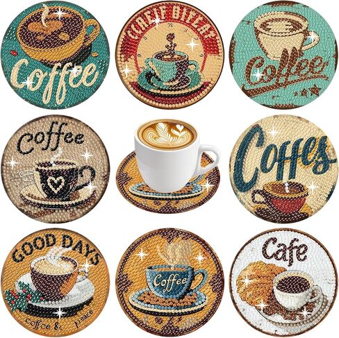 ASslanLYs 8 Pcs Diamond Paintings Coasters,Coffee Diamond Art Coasters Kits for Adults Set with Holder-DIY Craft Diamond Dots for Family Decoration Holiday Gift in Saudi Arabia