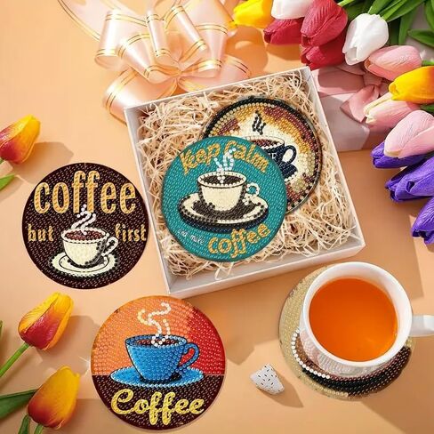 ASslanLYs 8 Pcs Diamond Paintings Coasters,Coffee Diamond Art Coasters Kits for Adults Set with Holder-DIY Craft Diamond Dots for Family Decoration Holiday Gift in Saudi Arabia