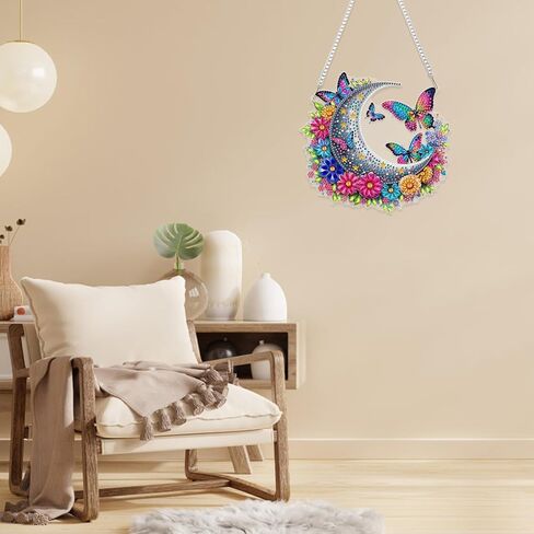 RICUVED Moon Diamond Art Hanging Kit for Adult, Flowers Special Shaped Diamond Painting Pendant Kit, Butterfly 5D Diamond Art Suncatchers Double Sided Hanging Window Art Ornament for Home Garden Decor in Saudi Arabia