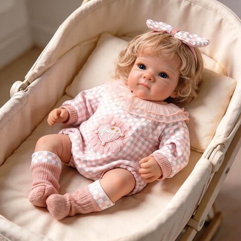 18 Inch Pouting Reborn Baby Doll - Blonde Hair & Blue Eyes Pink Gingham Awake Girl, Cuddly Cloth Body, ASTM CPC Certified Gift for Granddaughters Ages 3+ in Kuwait