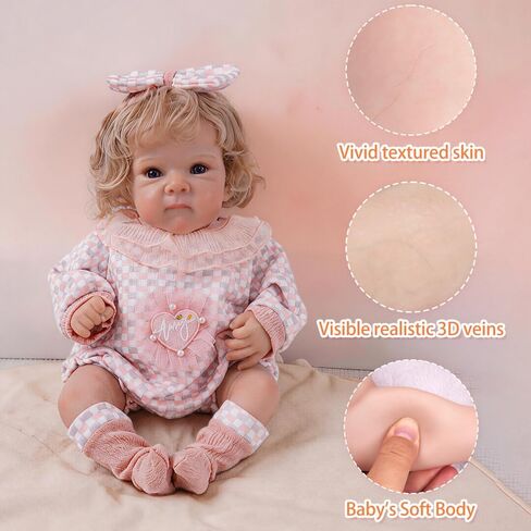 18 Inch Pouting Reborn Baby Doll - Blonde Hair & Blue Eyes Pink Gingham Awake Girl, Cuddly Cloth Body, ASTM CPC Certified Gift for Granddaughters Ages 3+ in Kuwait