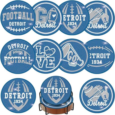 KALUOLAN 8PCS Diamond Painting Coasters Kits with Holder,5D Football Stlye Cup Coasters Diamond Art Sets for Beginners Kids Adults DIY Sports Gift for Detroit in Kuwait