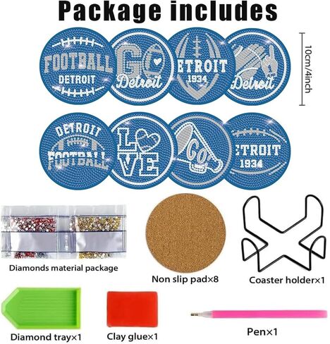 KALUOLAN 8PCS Diamond Painting Coasters Kits with Holder,5D Football Stlye Cup Coasters Diamond Art Sets for Beginners Kids Adults DIY Sports Gift for Detroit in Kuwait