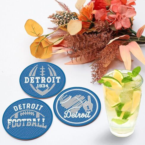 KALUOLAN 8PCS Diamond Painting Coasters Kits with Holder,5D Football Stlye Cup Coasters Diamond Art Sets for Beginners Kids Adults DIY Sports Gift for Detroit in Kuwait