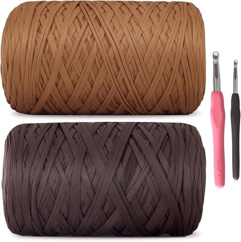 MESTOON 2 Pack Soft T-Shirt Yarn (Total 2000g/590yds), Suitable for Beginners' Crafts and DIY Knitting, Crocheting/Bags, Baskets, Coasters, Polyester Fabric Yarn. (Camel+Coffee) in Saudi Arabia