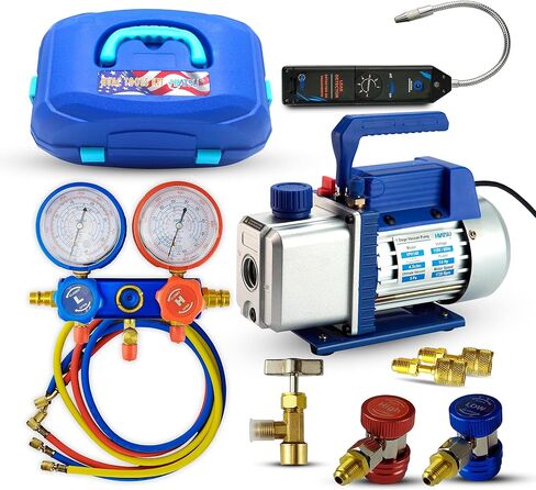 HVAC Vacuum Pump Kit: 4.5CFM Air Pump, AC Vacuum Pump and Gauge Set with R134 Can Tap Valve and Leak Detector; AC Vacuum Pump and Gauges in Heavy Duty Case Refrigeration Tools in Saudi Arabia