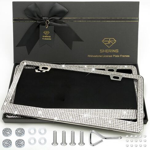 Shering 2 Pack Bling License Plate Frames for Women, Stainless Steel, 1200pcs Rhinestone Sparkly Diamond, Handmade Bedazzled Cover (Black) in Saudi Arabia
