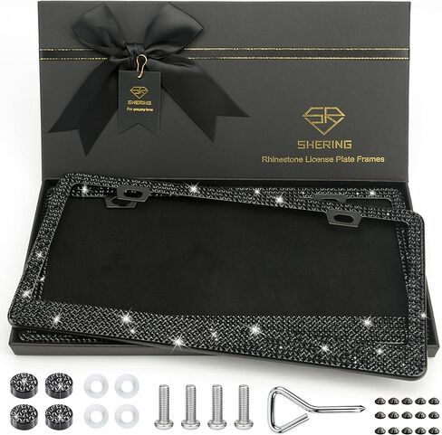 Shering 2 Pack Bling License Plate Frames for Women, Stainless Steel, 1200pcs Rhinestone Sparkly Diamond, Handmade Bedazzled Cover (Black) in Saudi Arabia