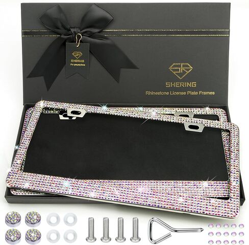 Shering 2 Pack Bling License Plate Frames for Women, Stainless Steel, 1200pcs Rhinestone Sparkly Diamond, Handmade Bedazzled Cover (Black) in Saudi Arabia