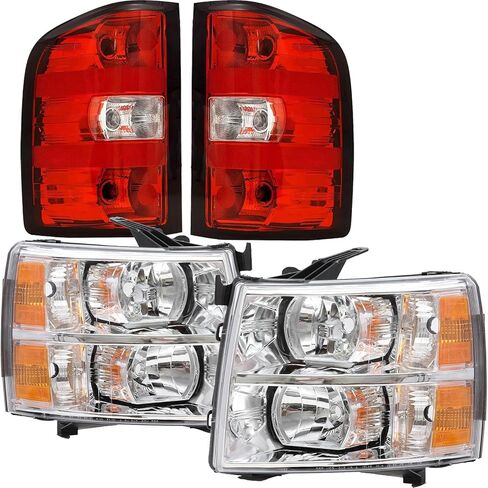 Headlight Taillight Assembly Fit For 2007-2013 Chevy Silverado 1500 2007-2014 Chevy Silverado 2500HD 3500HD Chrome Housing Amber Corner w/Red Taillights Rear Brake Lamp 22853027 22853028 in Saudi Arabia