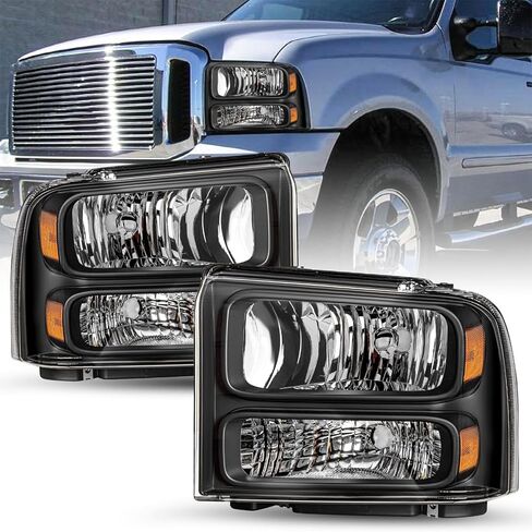 SOCKIR Headlight Assembly Compatible with 05 06 07 Ford F250 F350 F450 F550 Super Duty / 2005 Ford Excursion Driver and Passenger Side (Black Housing & Amber Reflector) in Saudi Arabia