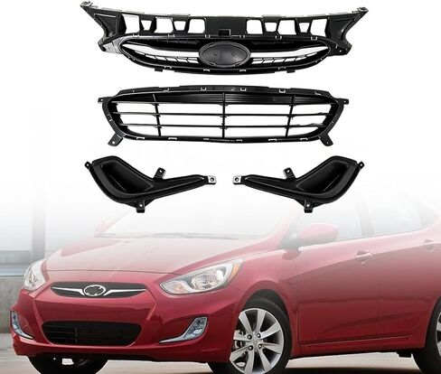 Front Bumper Upper & Lower Grille W/Fog Bezel Compatible with Hyundai 2012 2013 2014 2015 2016 2017 Accent in Kuwait