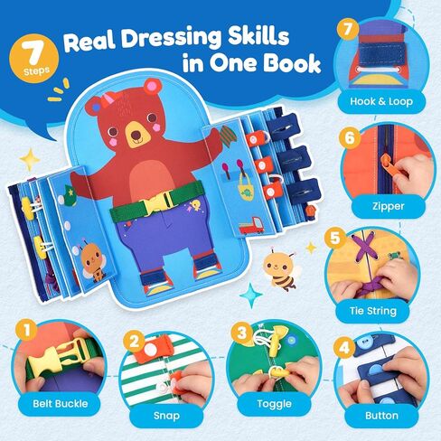 JoyCat Dressing Busy Book for Toddlers 1-3, Montessori Toy with 7 Real Dressing Skills, Fine Motor Skills Toy, Travel Toys for Toddlers, Sensory Life Skills Preschool Learning Gift in Kuwait
