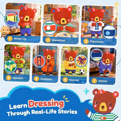 JoyCat Dressing Busy Book for Toddlers 1-3, Montessori Toy with 7 Real Dressing Skills, Fine Motor Skills Toy, Travel Toys for Toddlers, Sensory Life Skills Preschool Learning Gift in Kuwait