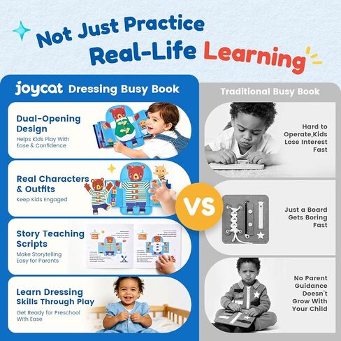 JoyCat Dressing Busy Book for Toddlers 1-3, Montessori Toy with 7 Real Dressing Skills, Fine Motor Skills Toy, Travel Toys for Toddlers, Sensory Life Skills Preschool Learning Gift in Kuwait