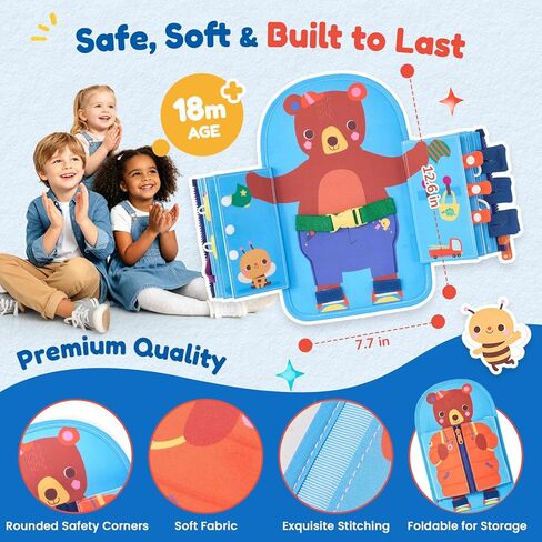 JoyCat Dressing Busy Book for Toddlers 1-3, Montessori Toy with 7 Real Dressing Skills, Fine Motor Skills Toy, Travel Toys for Toddlers, Sensory Life Skills Preschool Learning Gift in Kuwait
